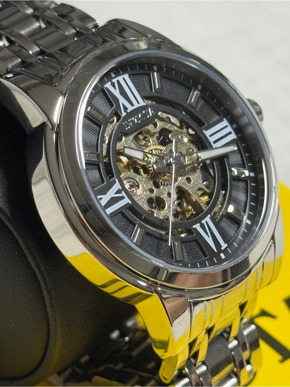 Invicta Silver Stainless Steel Men's Watch with Black Skeleton Dial